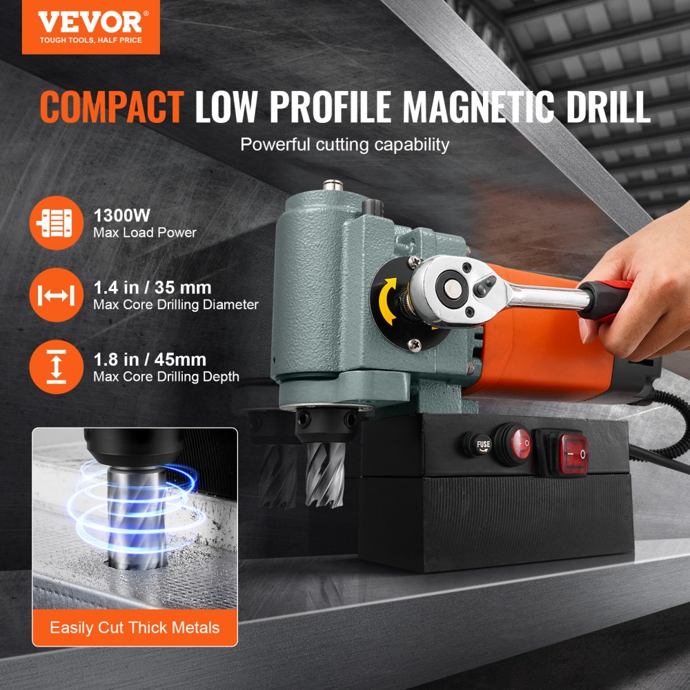 Magnetbohrmaschine, Kernbohrmaschine 1300 W, flach, tragbar, Magnetbohrmaschine mit Kühlgerät und Überlastschutz, Magnetpresse für Geräteinstallation, Industrie, Metallbearbeitung, Orange