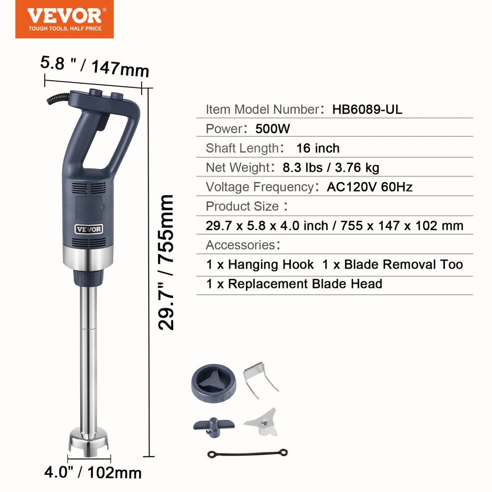 Commercial Hand Blender, 500W Heavy Duty Hand Blender, 16" Variable Speed ​​Stepless Blender with Stainless Steel Blade, Portable Multipurpose Blender for Soups, Sauces, Mashed Potatoes, Cream
