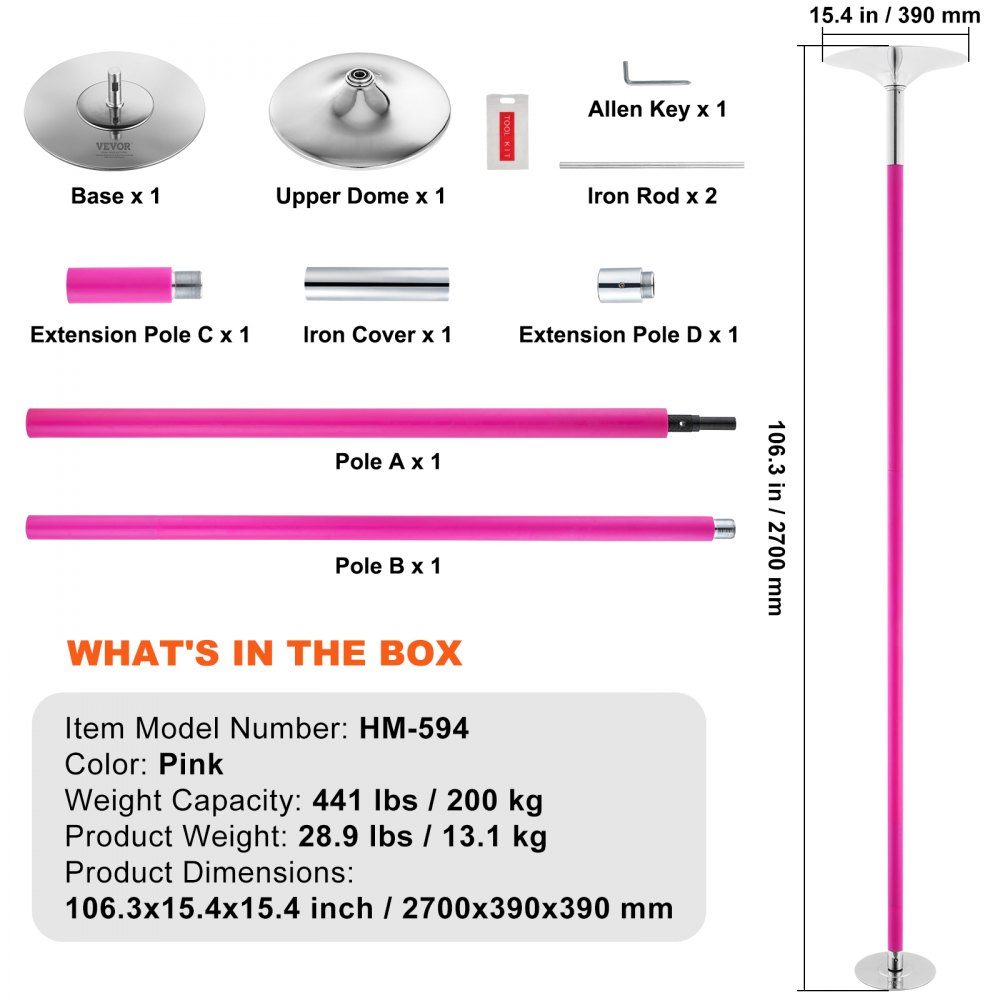 Professional Dance Pole Pole Dance Portable Dance Pole Professional Approx. 86"-100" Height Adjustable Removable Fitness Pole Spinning Fitness Pink Static Dance Pole Gym