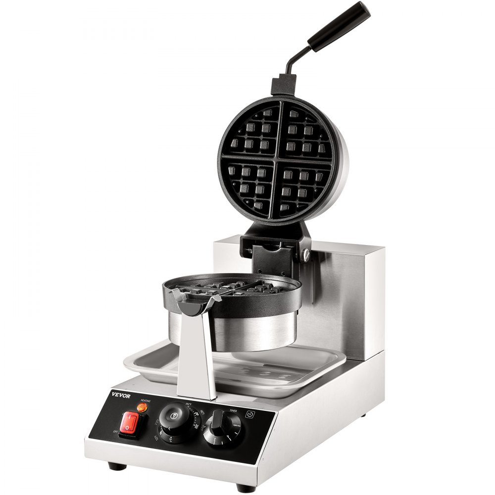 Round waffle iron waffle 1300 W, contact grill Belgian waffle iron 4 pieces. Stainless steel waffle machine including food clip, brushes and anti-scald handle, for cafes, restaurants etc