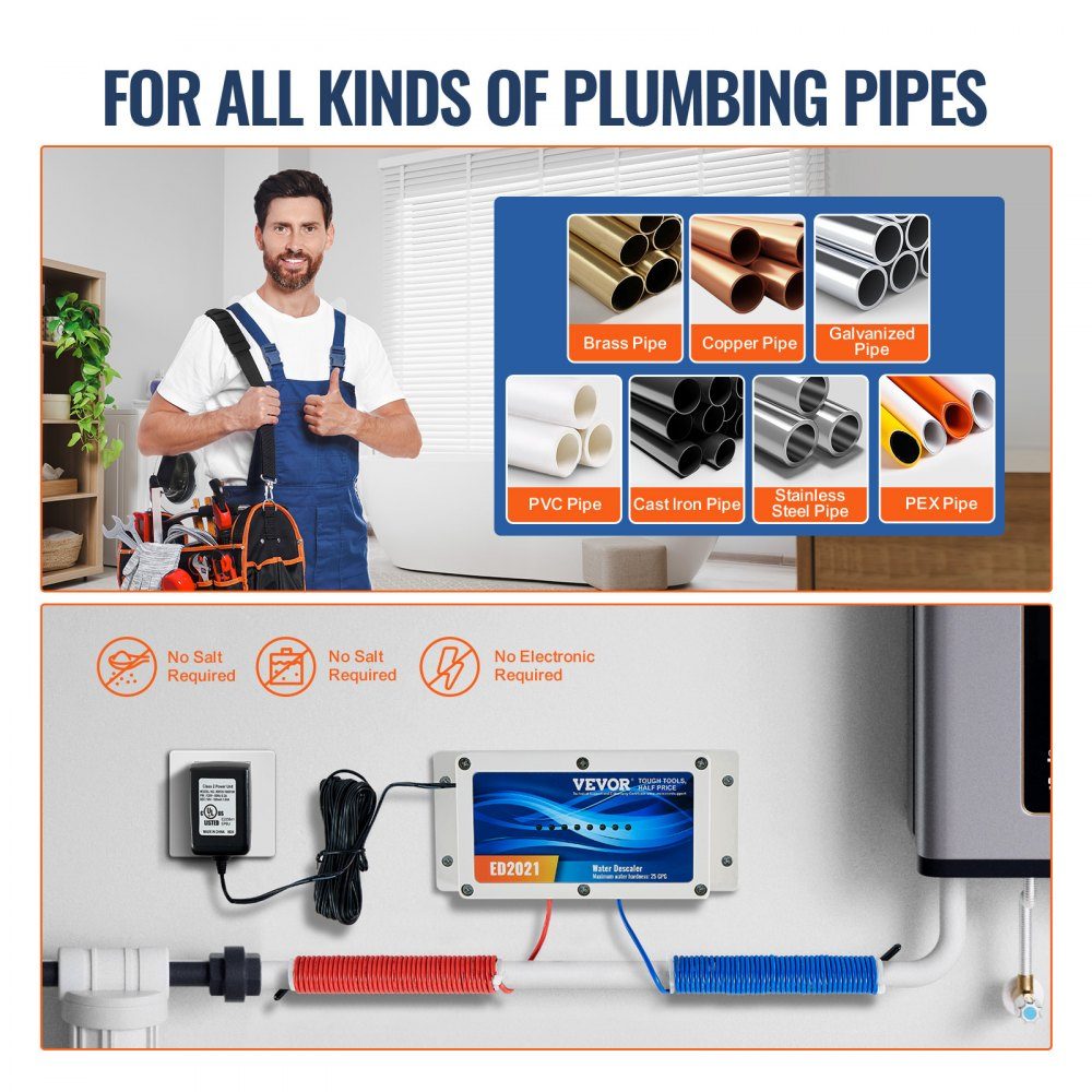 Electronic water descaling system, salt-free whole house descaler, water softener to reduce limescale, for all types of plumbing pipes