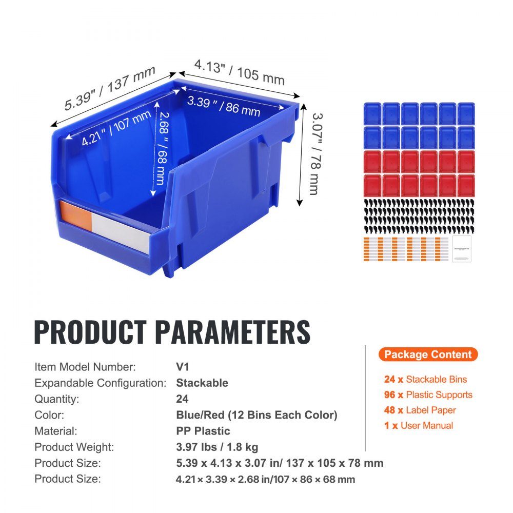 Plastic Storage Containers (5" x 4" x 3") Hanging Stackable Storage Containers Blue/Red Pack of 24 Heavy Duty Stacking Containers for Organizing Closets, Kitchens, Offices or Pantries
