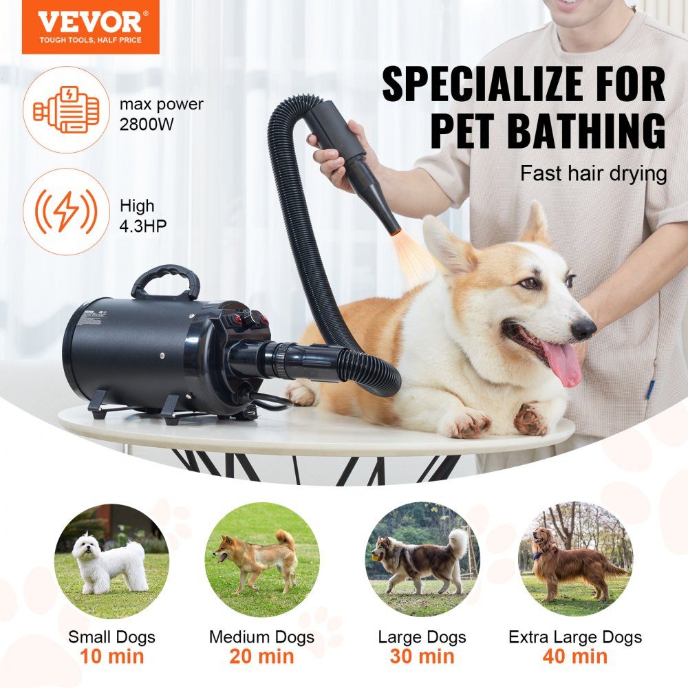 Sèche-poils pour chien, 2000 W, vitesse du vent 70 m/s, sèche-poils pour animaux de compagnie, sèche-cheveux pour toilettage, souffleur à 4 buses avec tuyau élastique, plage de température de 29,4 à 57,2 °C, sèche-poils pour animaux de compagnie