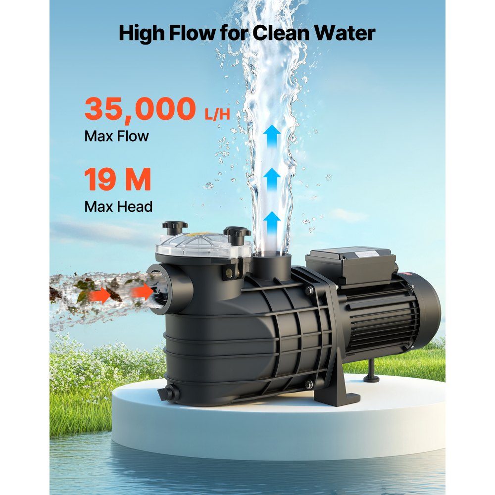 Zwembadpomp 3 kW, filterpomp 35.000 L/H max. debiet, eentraps zwembadpomp 2860 tpm, 19 m max. hoofd, met 24-Stunden-Timer en filtermand, voor bovengrondse en ingebouwde zwembaden en spa's