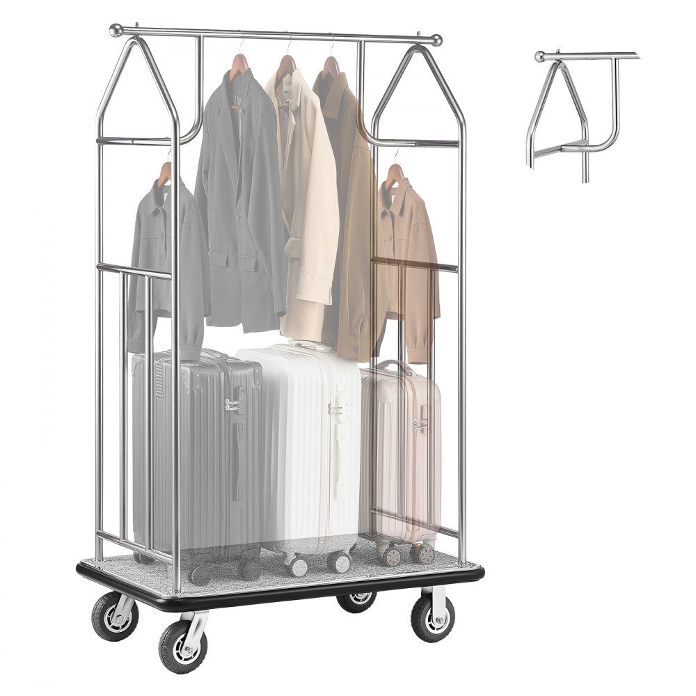 Hotel Luggage Cart 800 Pound Capacity Stainless Steel Luggage Cart Luggage Cart Side Car with Gray Carpet Floor and 6" Rubber Wheels Ideal for Hotels, Condos, Resorts, Silver