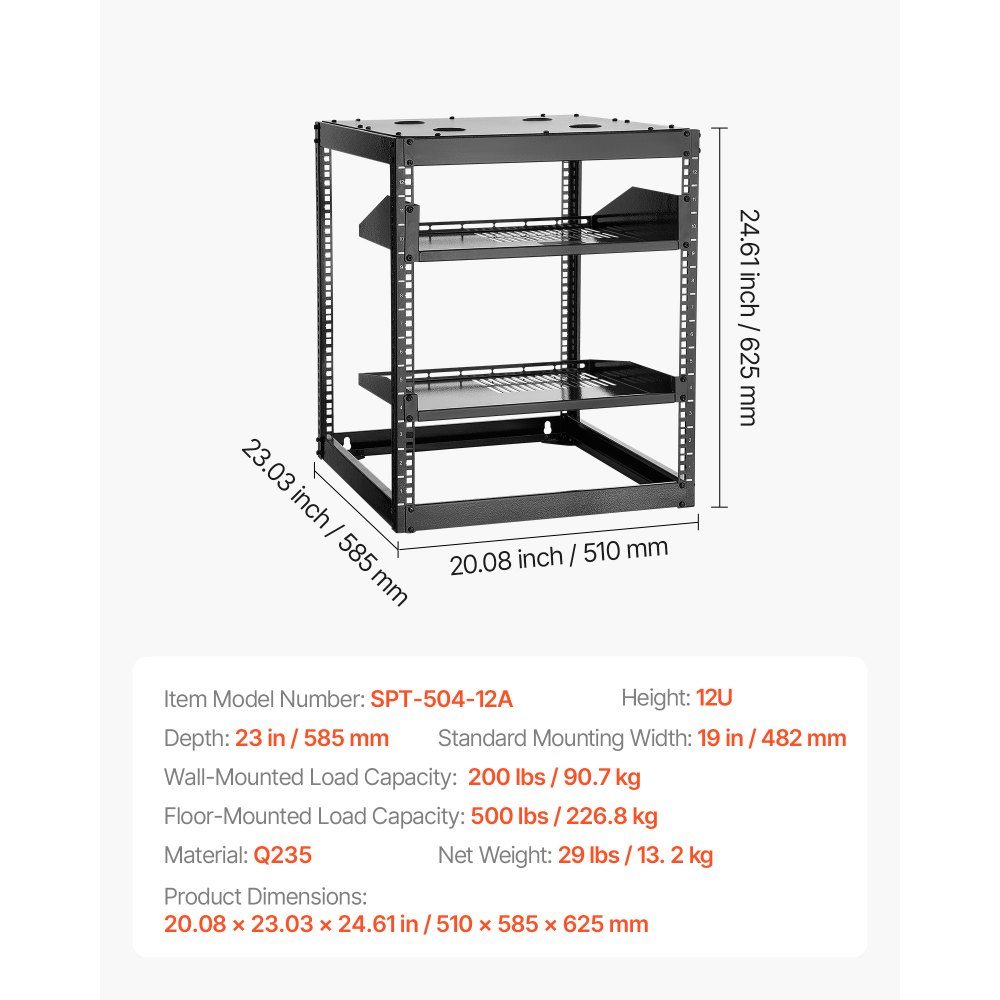 12U-Netzwerk-Rack mit offenem Rahmen, 585 mm Tiefe, Wandmontage- oder Stand-Server-Rack, 4-Pfosten-Konstruktion, mit belüfteten Regalen und Montagezubehör, für Netzwerk-IT-Geräte und AV-Geräte