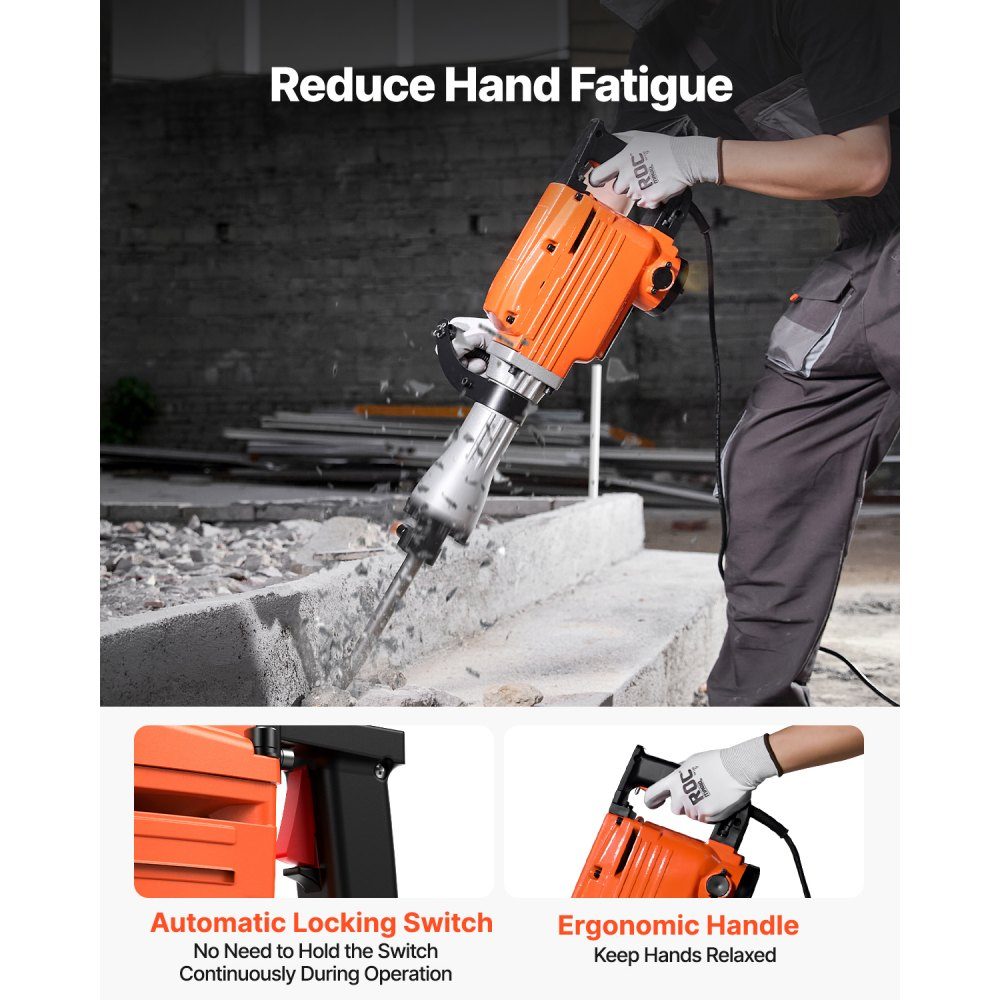 Heavy Duty Concrete Breaker Demolition Hammer 2200W 1-1/8"/28.6mm Electric Demolition Hammer Drill Concrete Hammer 1400BPM Includes Pointed Chisel Flat Chisel for Slate Concrete etc