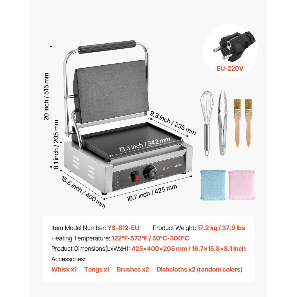 Commercial Panini Grill, Contact Grill 2200 W, for Sandwiches, Steak, Bacon, Hamburgers, Sandwich Maker, Stainless Steel Press Grill with Handle & Temperature Controller & 34 x 23 cm Heating Plate, Panini Press
