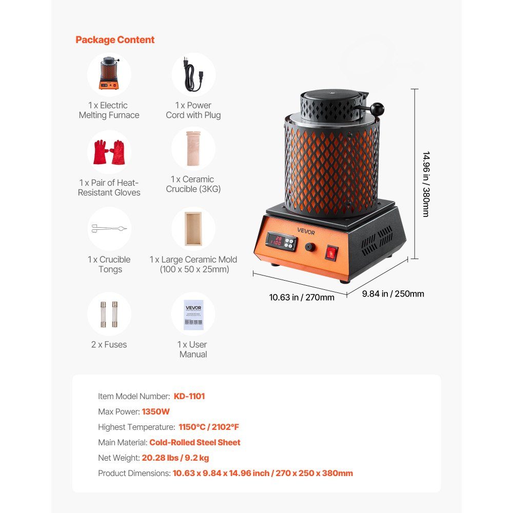 Digital Gold Melting Furnace Machine with 3kg Ceramic Crucible, Electric Melting Furnace 1350W Max 1150℃, Metal Melting Furnace Set for Jewelry Making, Metal Rods, Metal Components, Black