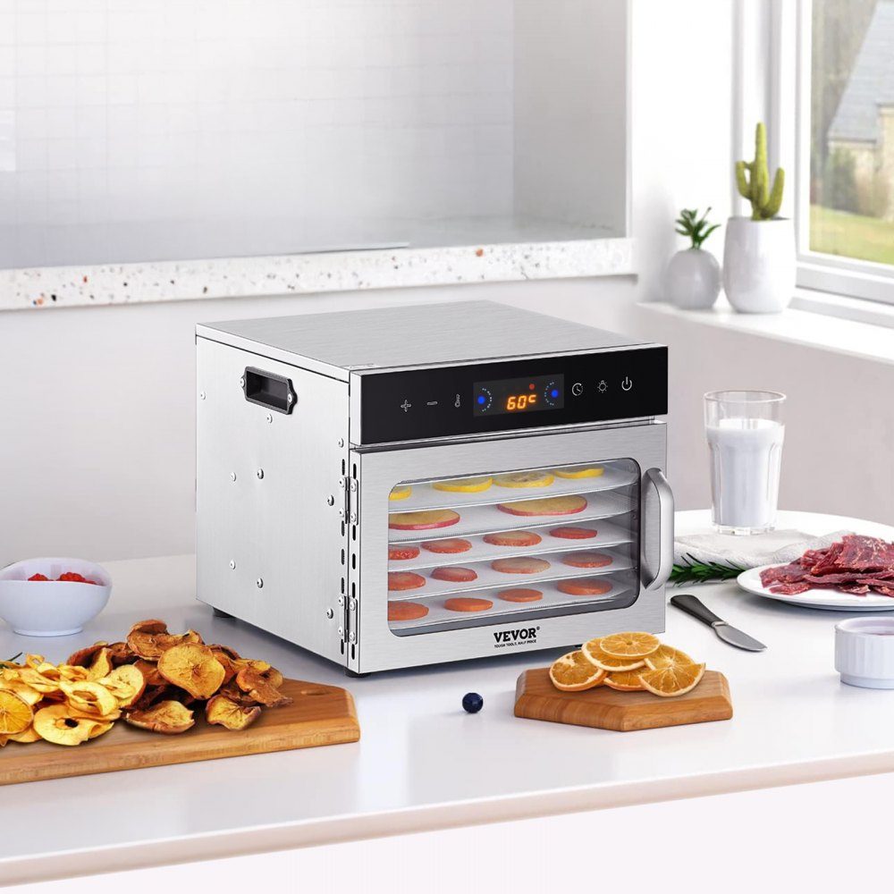 Dehydrator Dehydrator 6 roestvrijstalen kommen, 400 W elektrische voedseldroger met instelbare temperatuur, vriesdroger voor gedroogd vlees, vlees, fruit, groenten, kruiden, hondenkoekjes