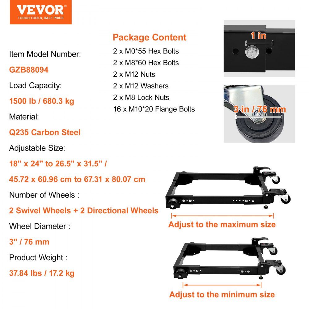 Base mobile, capacité de 1 500 lb, réglable de 18" x 24" à 26,5" x 31,5", base mobile universelle robuste avec roues pivotantes, pour équipement de travail du bois, scies à ruban, outils électriques, machines – Réf. HT-22998