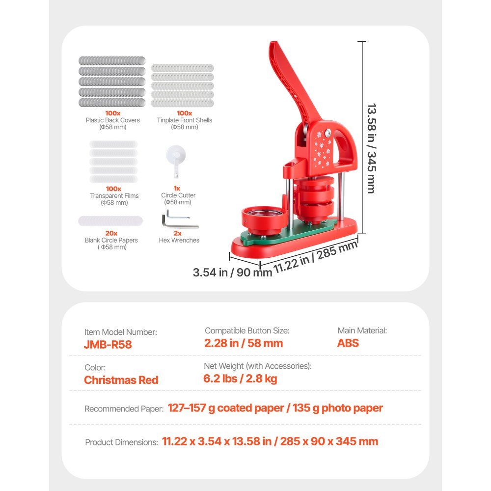 Buttonmaschine Button Maker Maschine Button Punch Press 58 mm rund, Pin Maker mit 100 Buttonteilen & Kreisschneider & verstärktem ergonomischem Griff, DIY Button Press Maschine Button Maker rot