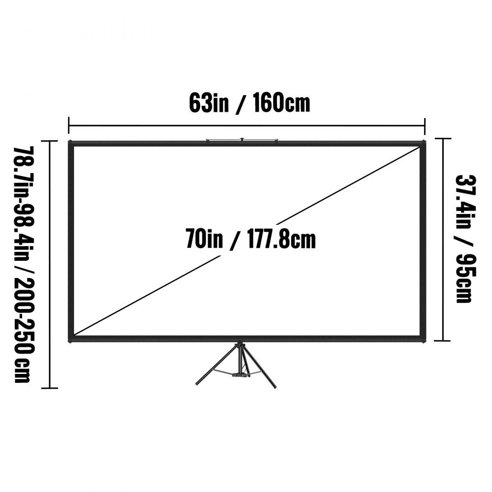 Trépied d'écran de projection 16:9 Trépied 4K HD Écran de projection mural de présentation 160x95cm Trépied d'écran de projection 200-250cm réglable en hauteur idéal pour les mariages en salle de réunion home cinéma