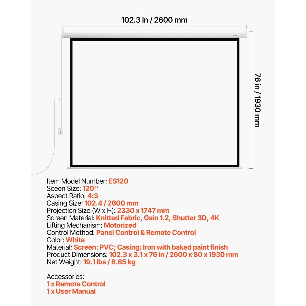 Motorized Projection Screen Projector Screen 120 Inch 4:3 4K 1080 HD Projection Display Projector with Remote Control Automatic Movie Screen Portable Rolling Screen Home Theater Home Office