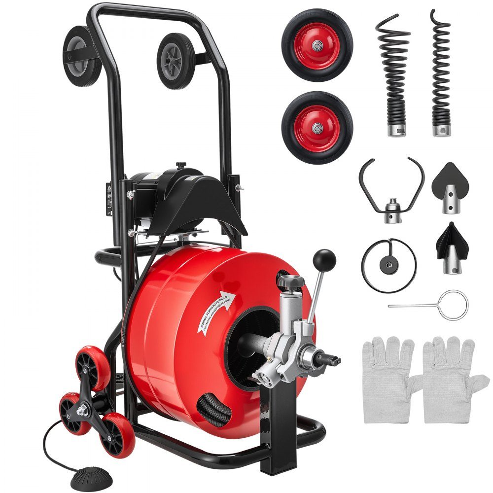 Rohrreinigungsmaschine φ19 mm x 30 m, Reinigungsspirale mit automatischem Vorschub, Mehrradkombination, 6 Schneidwerkzeuge & pneumatischer Fußschalter für Rohrdurchmesser von 100 bis 200 mm