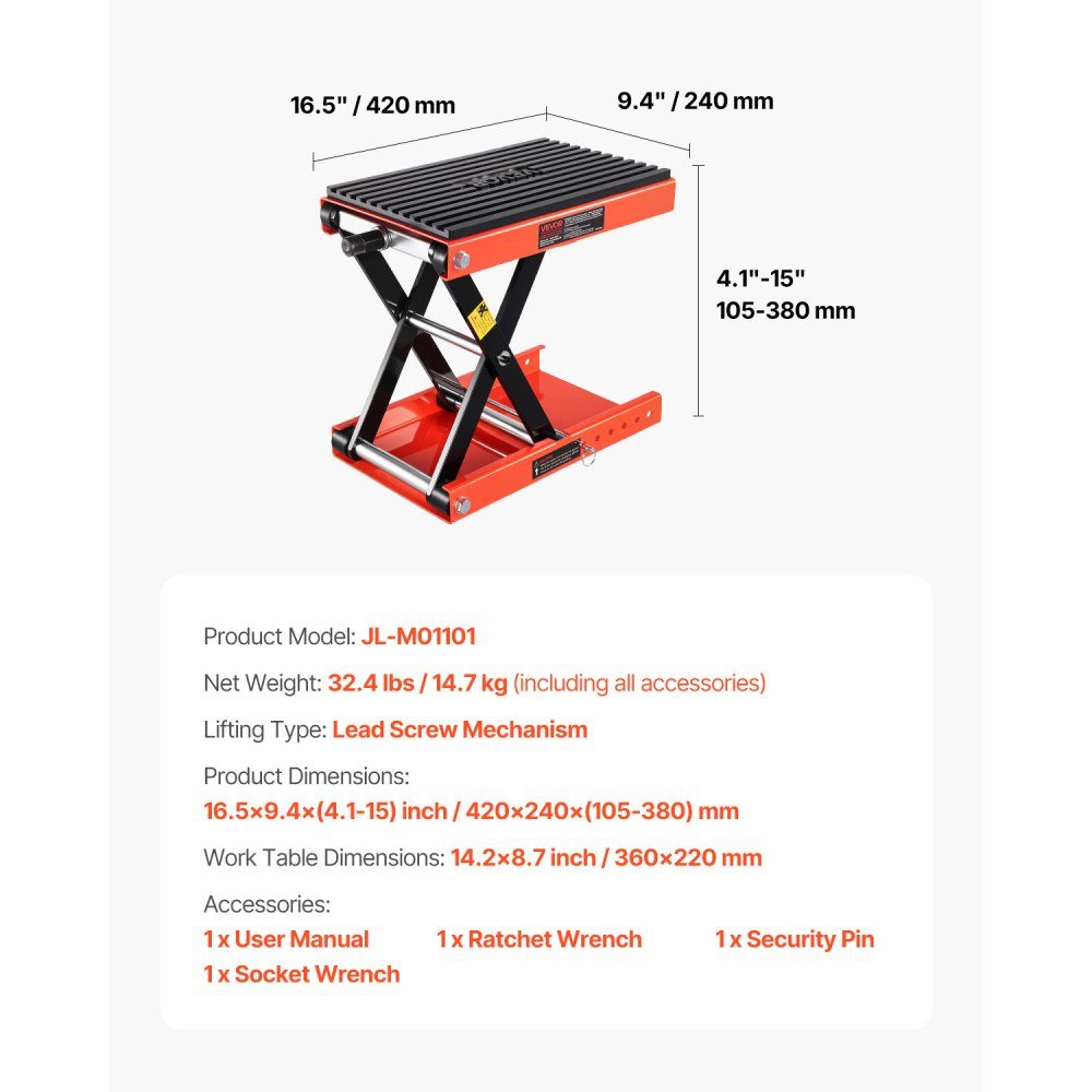 Motorrad-Wagenheber, Motorrad-Hebebühne, höhenverstellbar, 105–380 mm, Hebe-Scherenständer mit breiter Plattform, Fahrrad-Reparatur-Scheren-Wagenheber (544 kg Tragfähigkeit) mit Ratsche und Kurbel für Dirt-Bikes