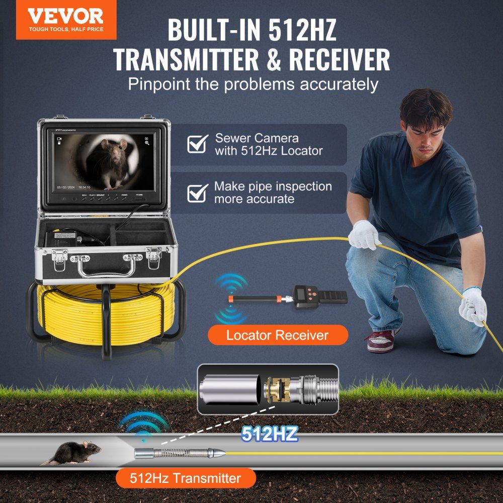 Sewer Camera with 512-Hz- Locator, 50m Self-Leveling Pipe Inspection Camera with 9" 1080P HD Screen, 36x Zoom, Pipe Camera with 12 LEDs, 32GB SD Card, for Sewer Pipes