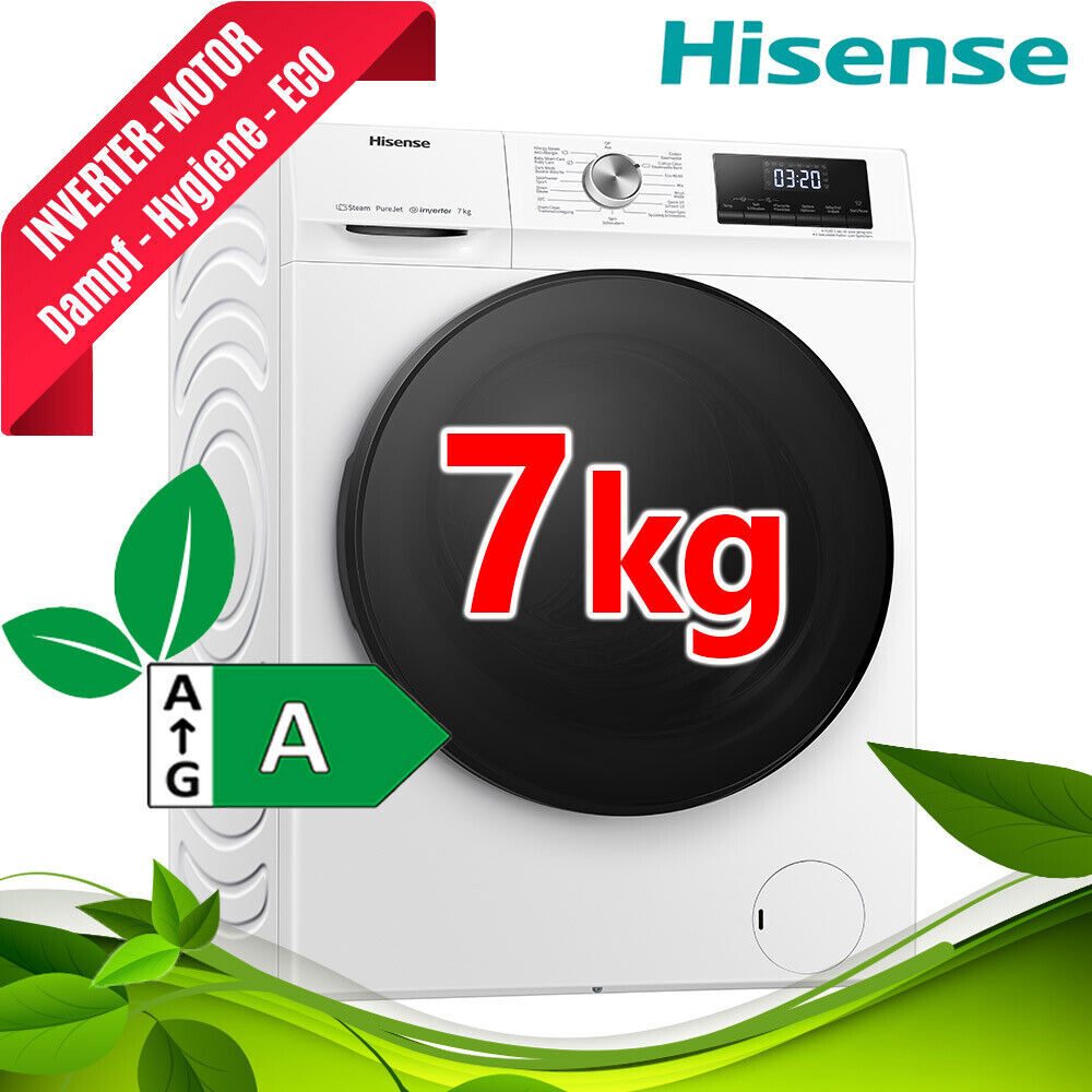 Hisense Waschmaschine 7kg EEK A Frontlader 1400 U/min Inverter Dampfanzeige NEU