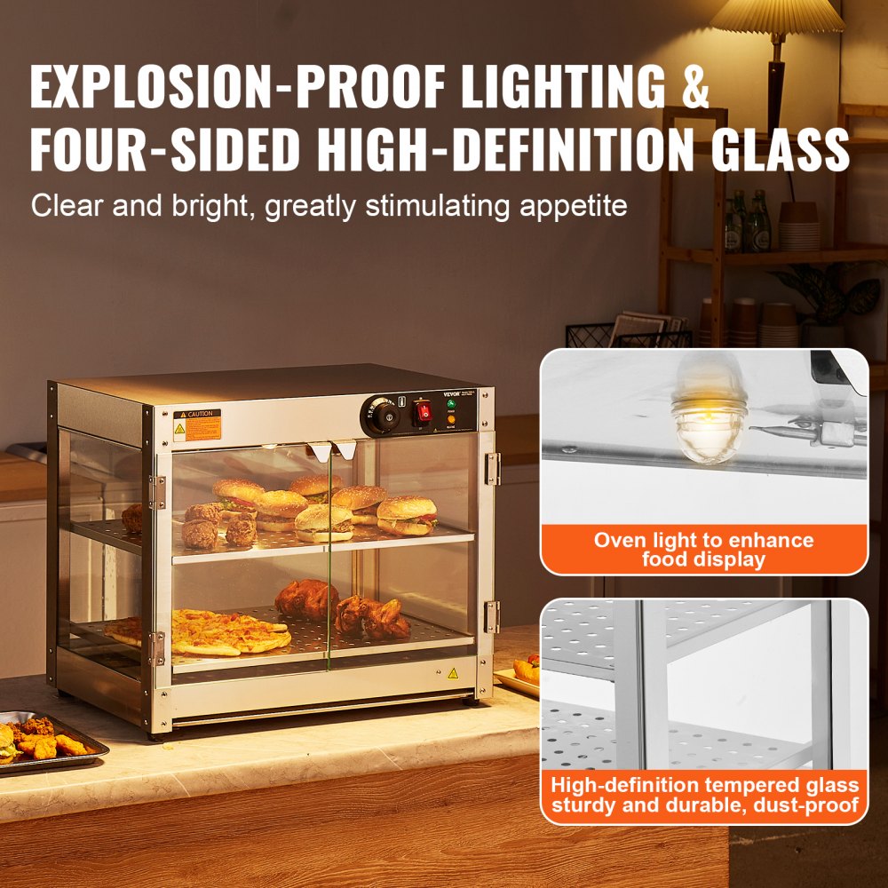 Chauffe-plats commercial à 2 étages, chauffe-plats 800 W avec lumière pour améliorer la présentation des aliments, contrôle de la température de 30 °C à 85 °C, grande capacité de 58 L pour hamburger, pizza, pain, poulet frit Chauffe-plats commercial à 2 étages, chauffe-plats 800 W avec lumière pour améliorer la présentation des aliments, contrôle de la température de 30 °C à 85 °C, grande capacité de 58 L pour hamburger, pizza, pain, poulet frit
