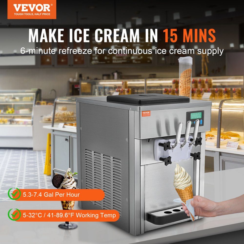 Commercial Ice Cream Maker, 1800W, 3 Flavors, Countertop Soft Ice Cream Machine, 2 x 4L Hopper, 2 x 1.8L Cylinder, LCD Screen, Auto Cleaning, Pre-Cooling