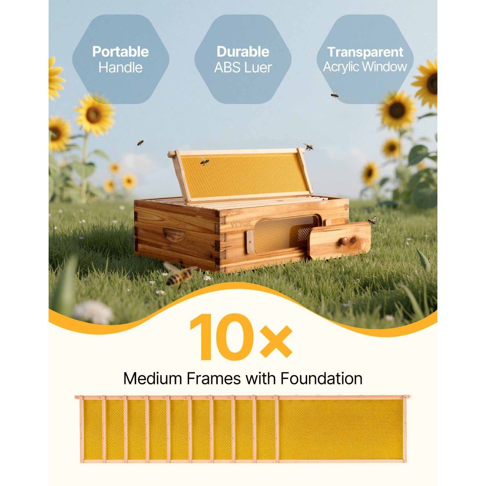 Beehive Starter Kit, Medium Box, 100% Beeswax Coated Natural Fir Wood, Langstroth Beehive Set with 10 Frames and Center Panels, Clear Acrylic Bee Windows