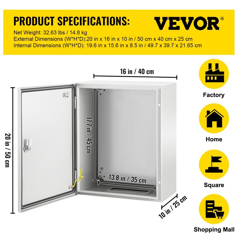 Armoire de commande Boîtier industriel NEMA, armoire de distribution en acier NEMA 4X 50 x 40 x 25 cm, IP66 étanche à l'eau et à la poussière, boîte de jonction électrique extérieure/intérieure, avec plaque de montage