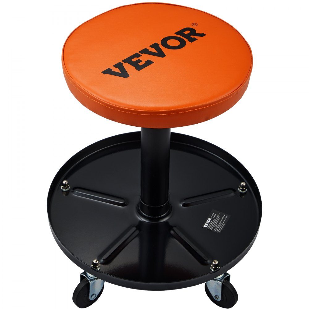 Rollbarer Mechanikerhocker, Werkstatthocker, 250 lbs, 16"-22" höhenverstellbarer Werkstattsitz, Werkstatthocker mit Werkzeugablage, für Garage, Geschäft, Autoreparatur, Schwarz + Orange