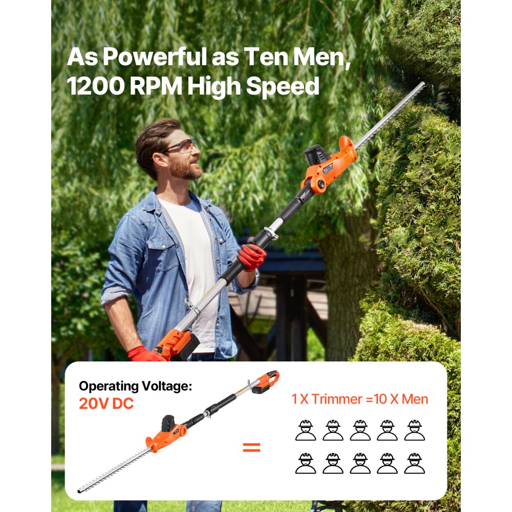 Heckenschere Akku, 1200 U/min, 199-248 cm ausziehbar, Heckenschere für hohe Äste, 20 V Akku, kabellose elektrische Heckenschere mit 51 cm Klinge, 5 Winkel verstellbar für Hof und Garten