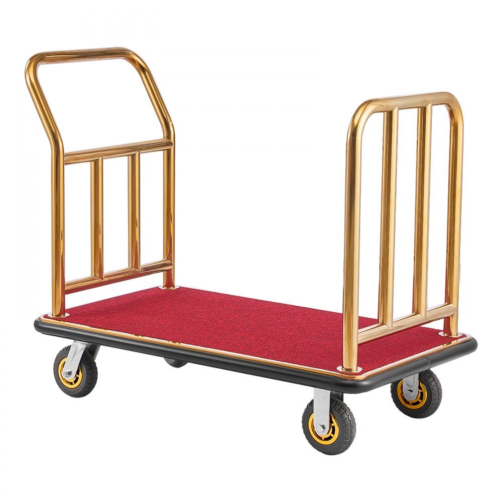Stainless Steel Hotel Luggage Cart, 800lb Heavy Duty Luggage Cart with 6" Rubber Wheels, Red Carpet Hotel Cart, Commercial Platform Cart for Hotels, Vacation Rentals, Resorts, Gold