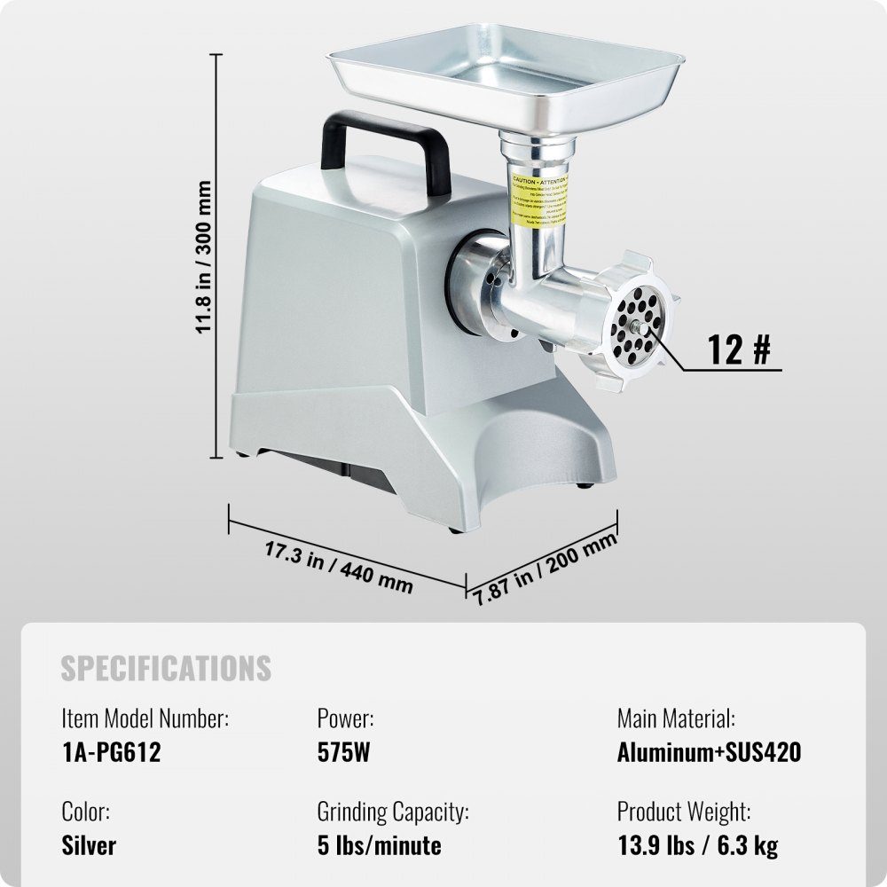 Elektrischer Fleischwolf, 2,27 kg/Min., 575 W (800 W max.), Industrieschneider mit Klinge (4,5 mm) und Mahlplatte, Wurstfüllklinge und 3 Rohren, kommerzieller Fleischschneider aus Aluminium