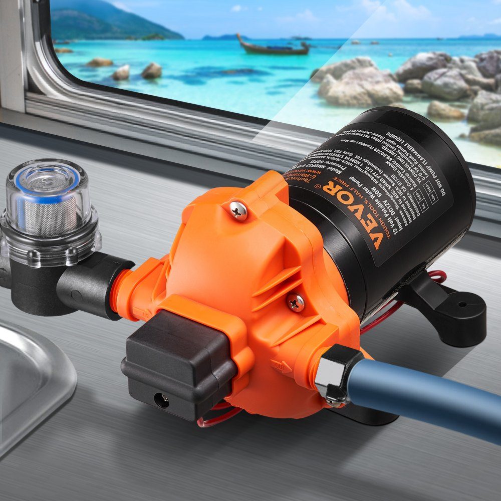 12-V-Membranpumpe, 6,81 l/min, 3-Kammer-Gleichstrom-Wasserpumpe mit automatischem Druckschalter, 40–100 PSI, verstellbar, 60 PSI, 1/2 Zoll MNPT-Anschluss für Wohnmobil, Yacht, Food Truck, Camper, Marine