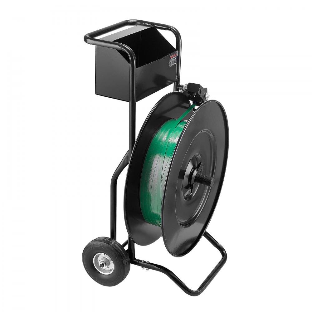 Dispenser, suitable for PET/PP/steel strapping rolls with 203/406 mm core size, robust strapping dispenser with improved drum brake, integrated spacious storage for tools Dispenser, suitable for PET/PP/steel strapping rolls with 203/406 mm core size, robust strapping dispenser with improved drum brake, integrated spacious storage for tools