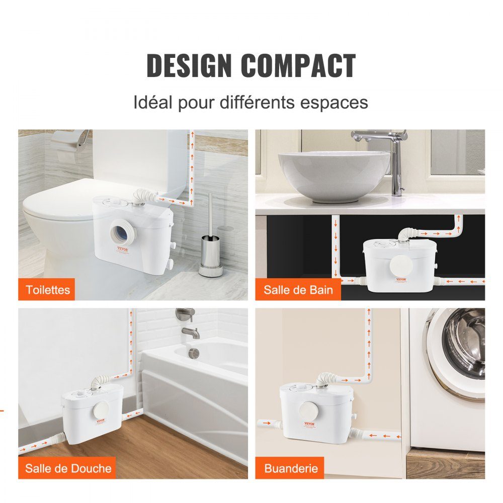 Système de relevage, 700 W, débit 9600 l/h, hauteur 10 m, pompe eaux usées broyeur avec 3 arrivées d'eau pour WC, cave, cuisine, évier, baignoire, évacuation eaux usées, lave-vaisselle – Réf. HT-24457