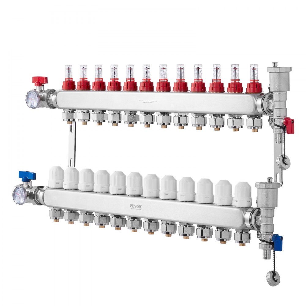 12 Branch Heat Spreader, 1/2" PEX Pipe Manifold, Stainless Steel PEX Manifold for Hydronic Underfloor Heating, Heat Distribution PEX Manifold Kit with 1/2" Adapters Included