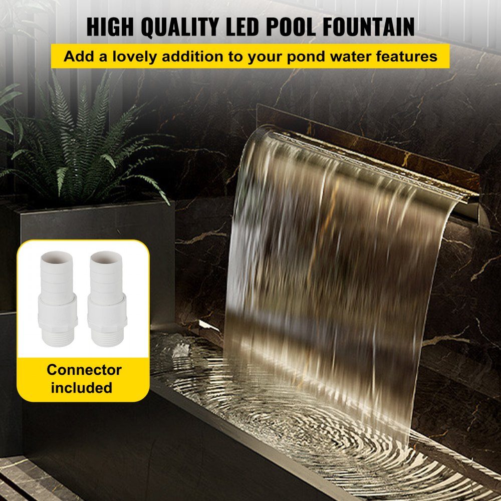Swimming Pool Waterfall Overflow Trough 151 x 11.5 x 8cm Pool Fountain with Colorful LED Strip, Hose Connector, Remote Control, Corrosion Resistant for Pond, Outdoor Garden