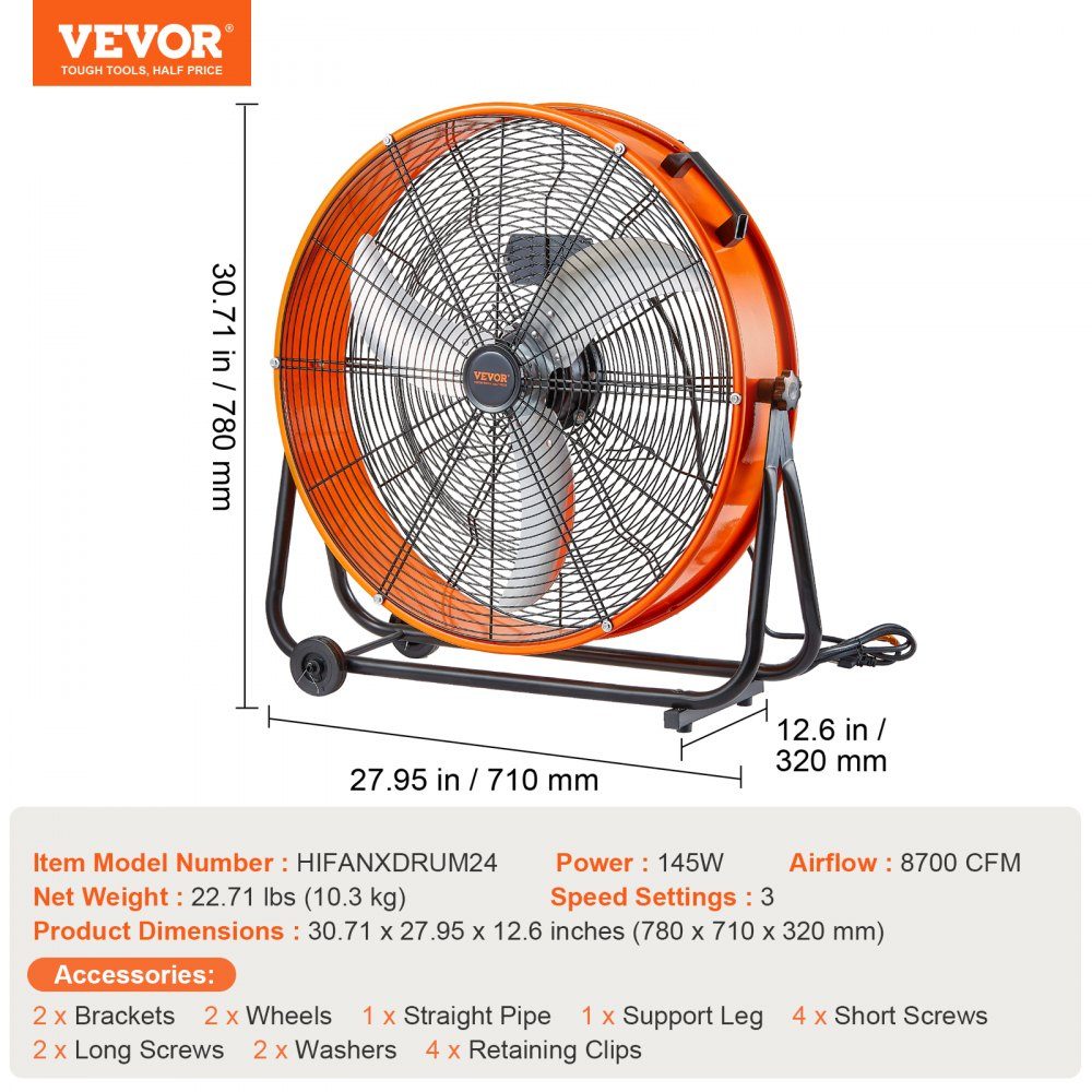 Trommelventilator, 24-Zoll-Bodenventilator, Industrieventilator mit 3 Gängen, 8600 CFM, 360° verstellbare Windmaschine, Hallenventilator, Trommelventilator für Lager, Werkstatt, Fabrik, Keller
