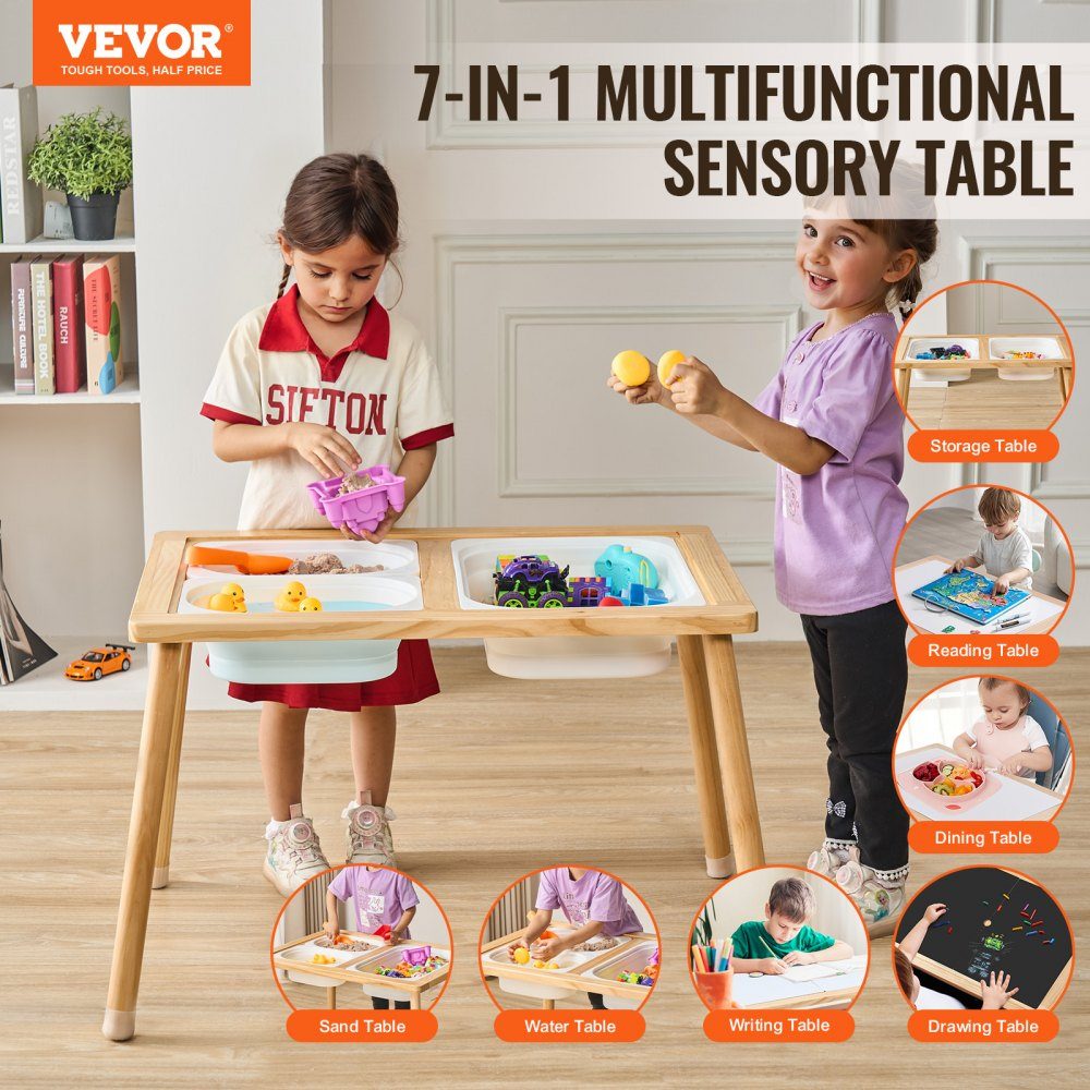 Sensory Table for Toddlers, Activity Table with 3 Foldable Storage Bins and Double Sided Board, Sand and Water Table, Wooden Sensory Table for Kids to Learn Drawing and Eating
