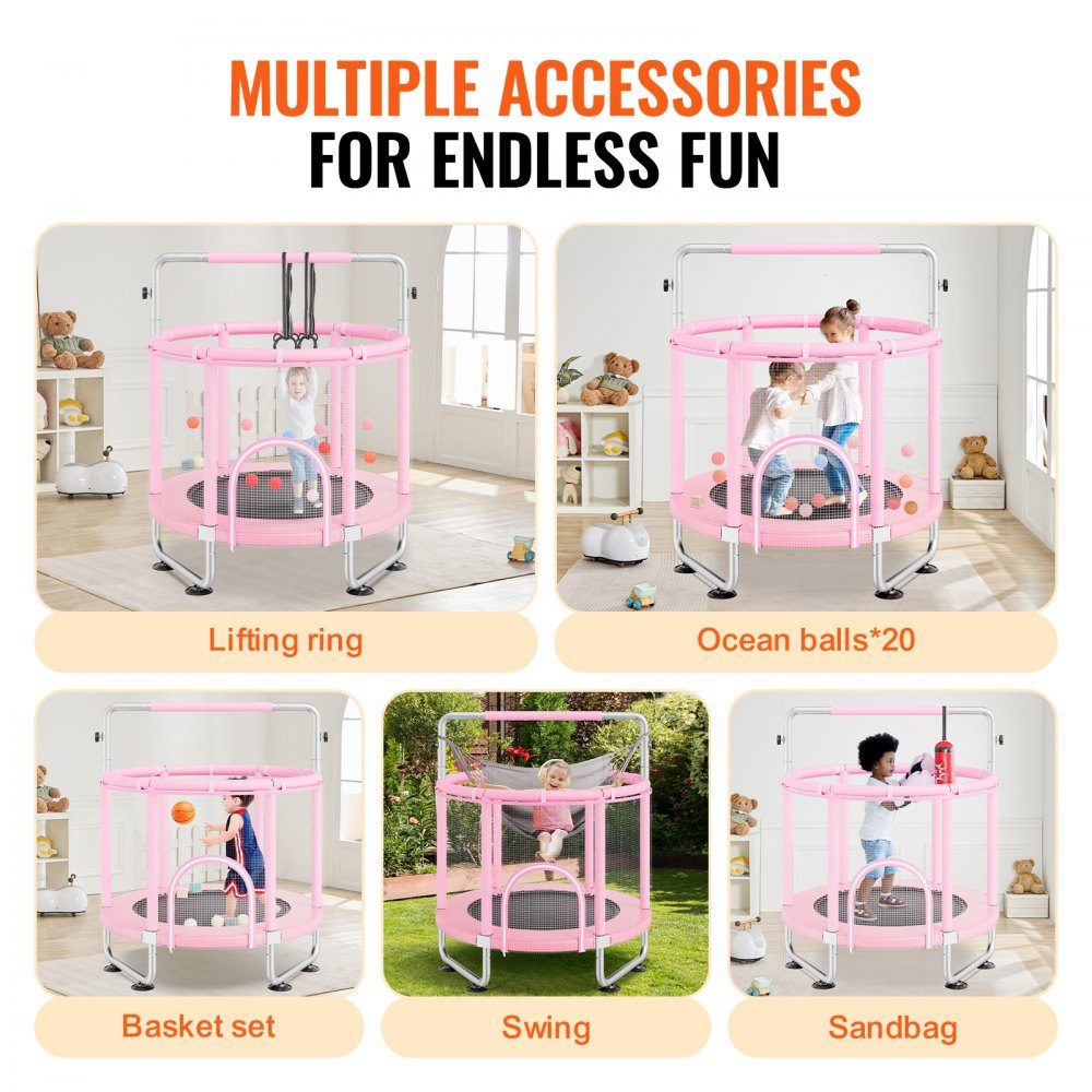 Kindertrampolin, Mini-Freizeittrampolin 147 cm, für Kleinkinder, verstellbar, mit Sicherheitsnetz & Basketballkorb, Geburtstagsgeschenk, Weihnachtsspielzeug für Kinder ab 3 Jahren, Rosa
