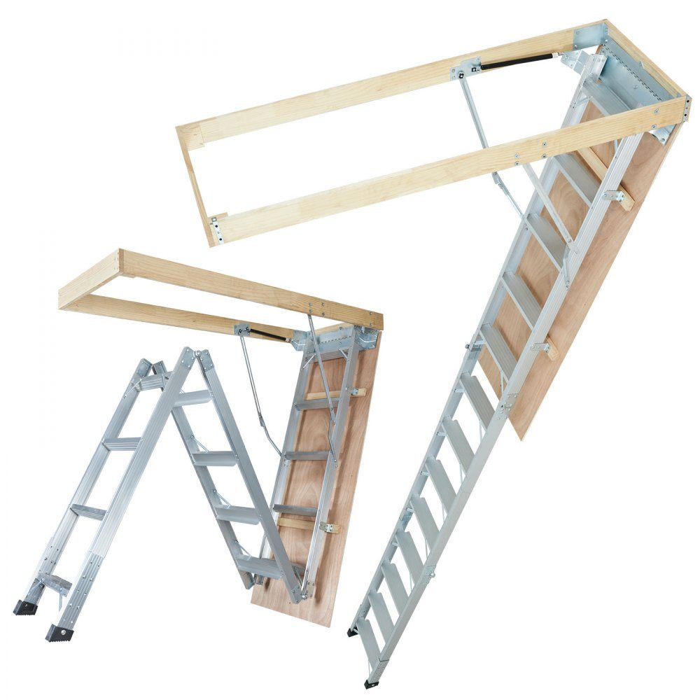 Telescopische ladder, 158,8 kg, trapladder, 12 treden, installatiehoogte van 290 tot 300 cm of 341 tot 366 cm, vouwladder, aluminium + hout, huishoudladder met hydraulisch gedempt afdaalontwerp