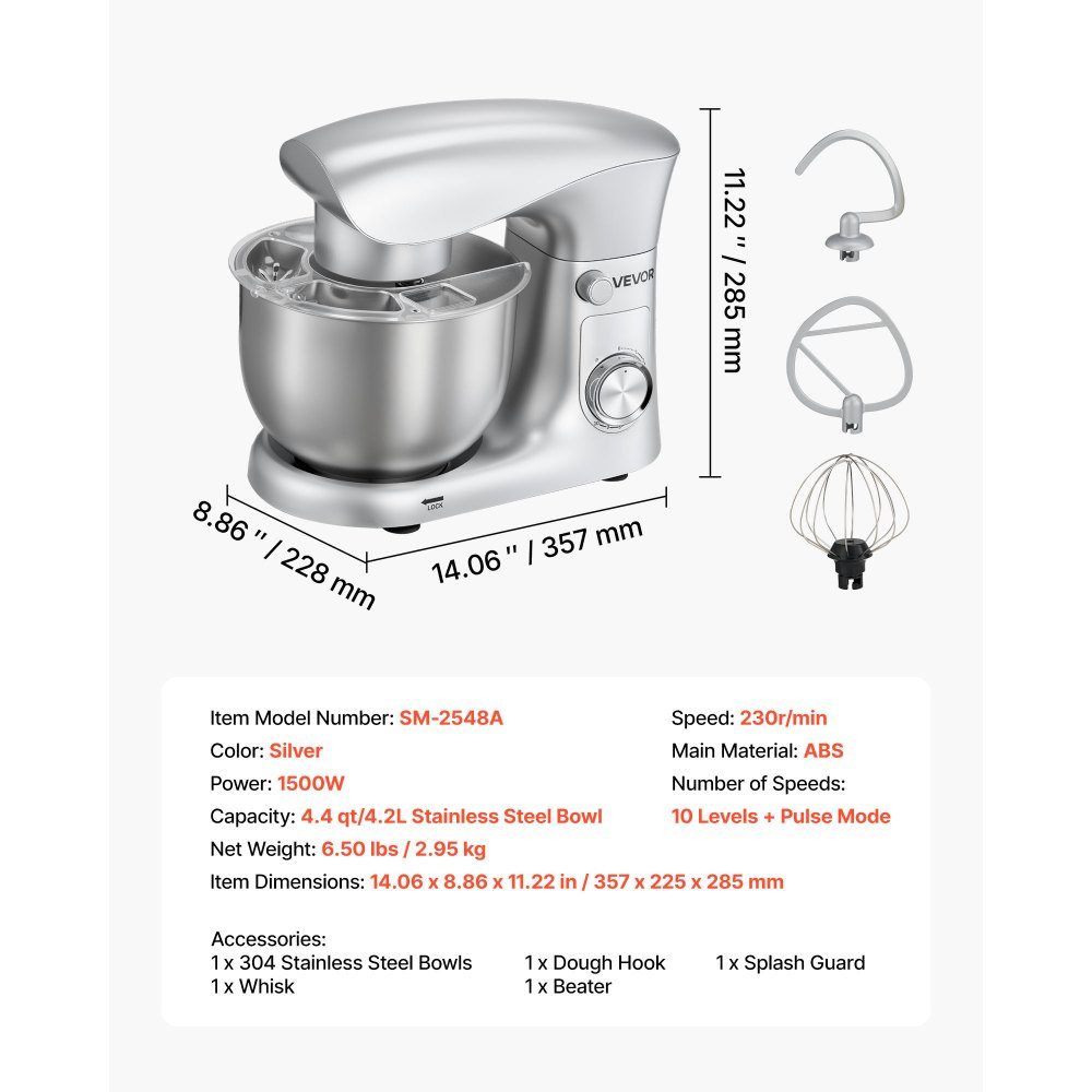 Machine à pétrir Robot culinaire pour la cuisson, machine à pâte 1500 W avec bol en acier inoxydable (4,2 L) et crochet pétrisseur, batteur et fouet, batteur sur socle à inclinaison réglable à 10 vitesses – Réf. HT-23974