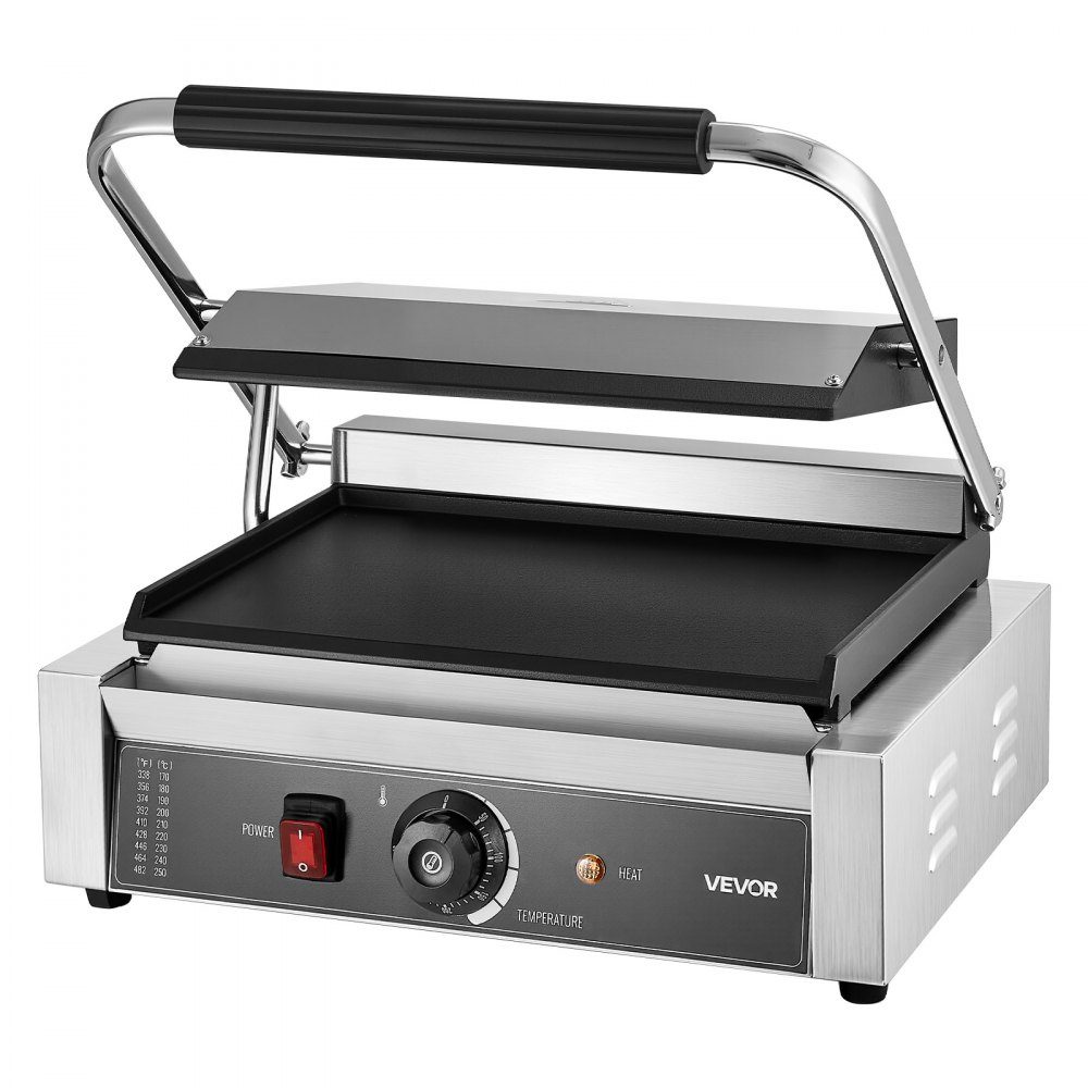 Commercial Panini Grill, Contact Grill 2200 W, for Sandwiches, Steak, Bacon, Hamburgers, Sandwich Maker, Stainless Steel Press Grill with Handle & Temperature Controller & 34 x 23 cm Heating Plate, Panini Press