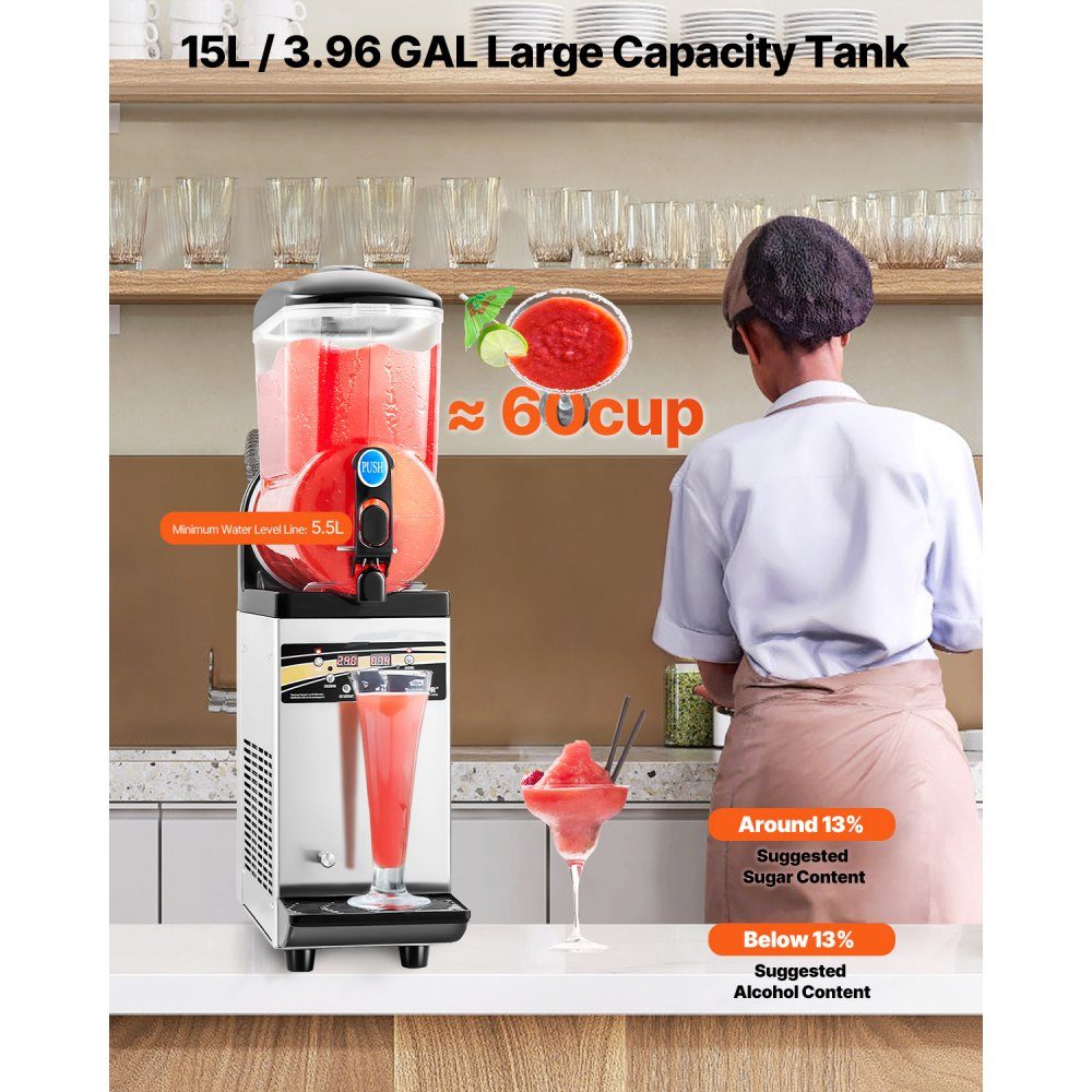 Commercial Slush Ice Machine 15L Stainless Steel Slushie Maker Crushed Ice Machines for 60 Cups Margarita and Smoothies Ice Slush Machine for Home Parties Restaurants Cafes