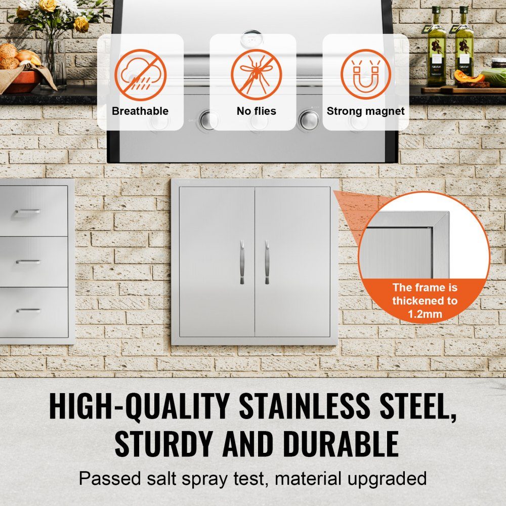 Grill-Zugangstür, 610 x 610 mm, doppelte Außenküchentür, bündig montierte Edelstahltür, doppelwandige vertikale Tür mit Griffen und Haken, für Grillinsel, Grillstation, Außenschrank
