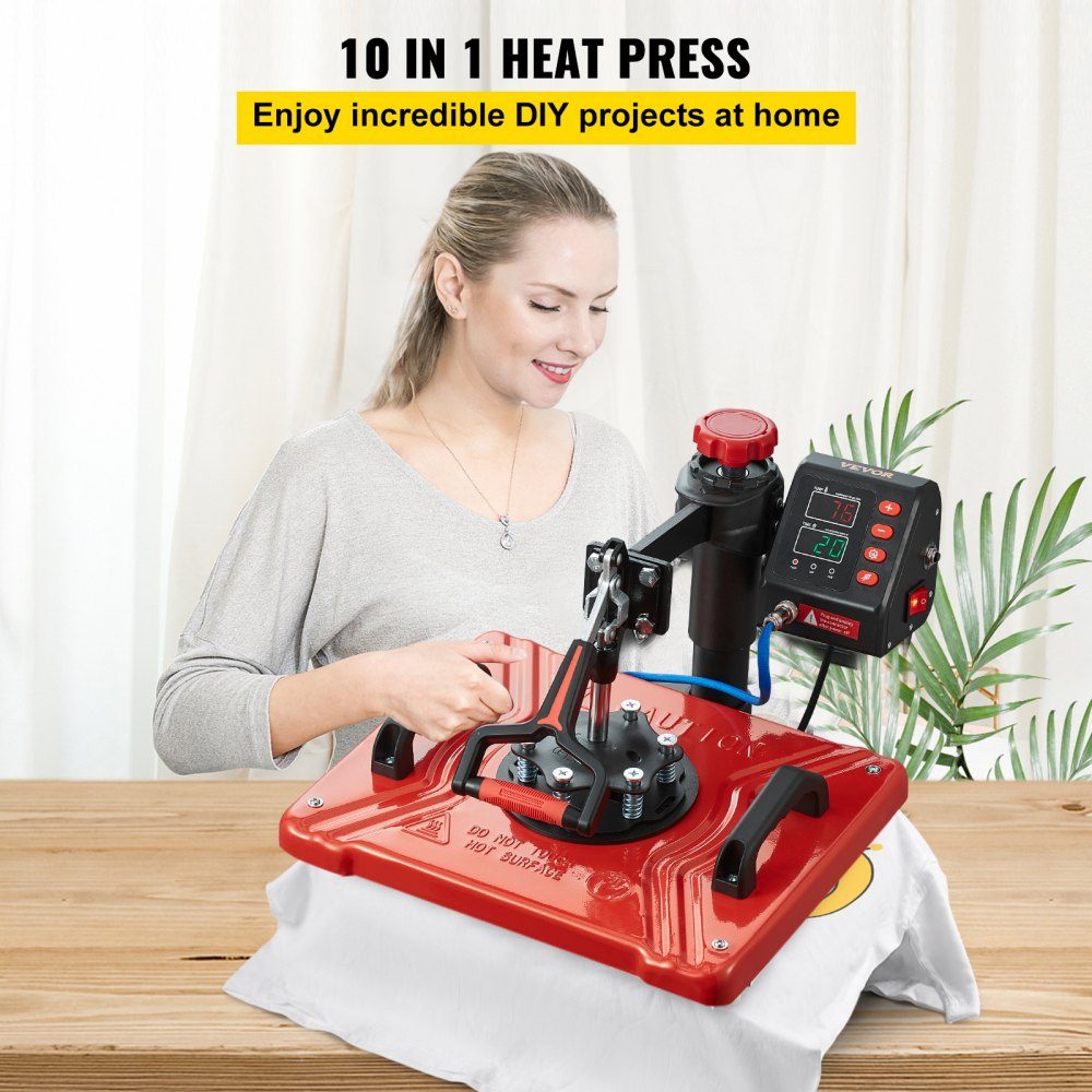 Heat Press 38x30cm Transfer Press 10 in 1 T-Shirt Press Red Textile Press Hot Press 360 Degree Rotating Multifunctional Sublimation Machine