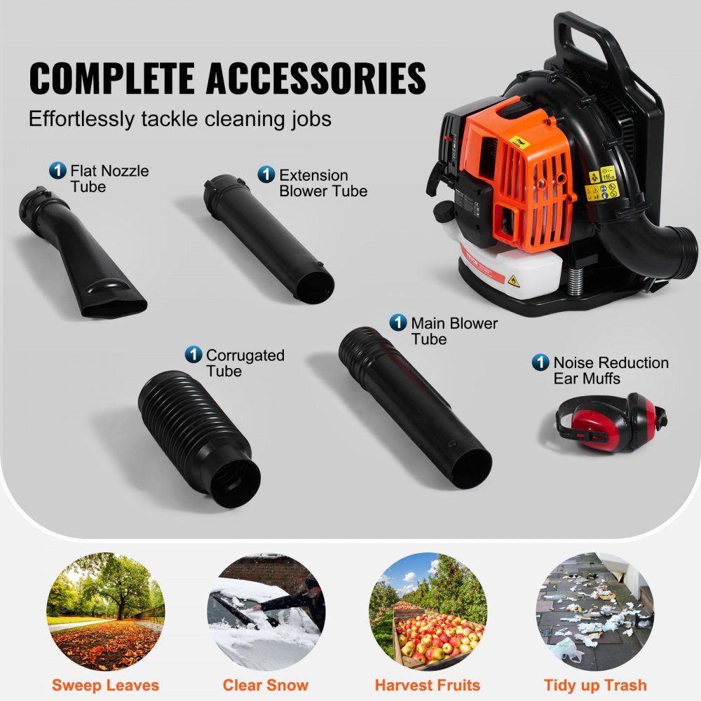 Backpack Leaf Blower, 63CC 2-Stroke Gasoline Leaf Blower with 1.89L Fuel Tank, 1110 CFM Air Volume, 220 MPH Speed, Ideal for Lawn Care, Leaf Cleaning and Snow Removal