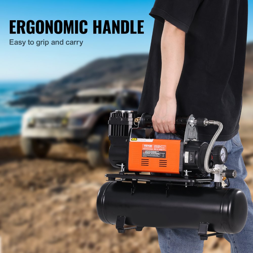 12-V-Hochleistungs-Luftkompressor mit 6-Liter-Tanksatz, 6,35 CFM tragbarer Reifenfüller, 150 PSI Off-Road-Luftkompressor mit digitalem Manometer, Reifenfüller für LKWs, Autos, SUVs, Allradfahrzeuge, Wohnmobile