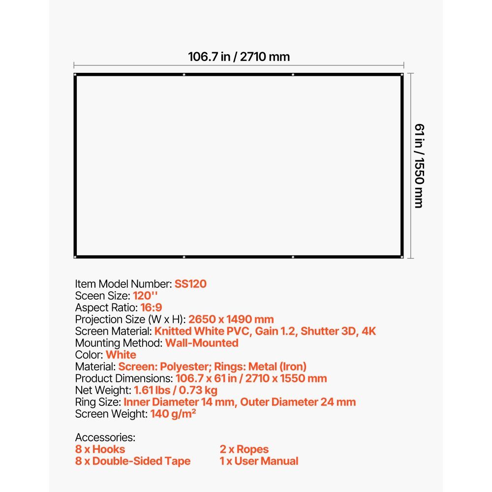 Manual Projection Screen 120" 16:9 4K 1080 HD Wall Mounted Projection Screen with 8 Hooks and Double Sided Tapes Movie Projection for Home Theater