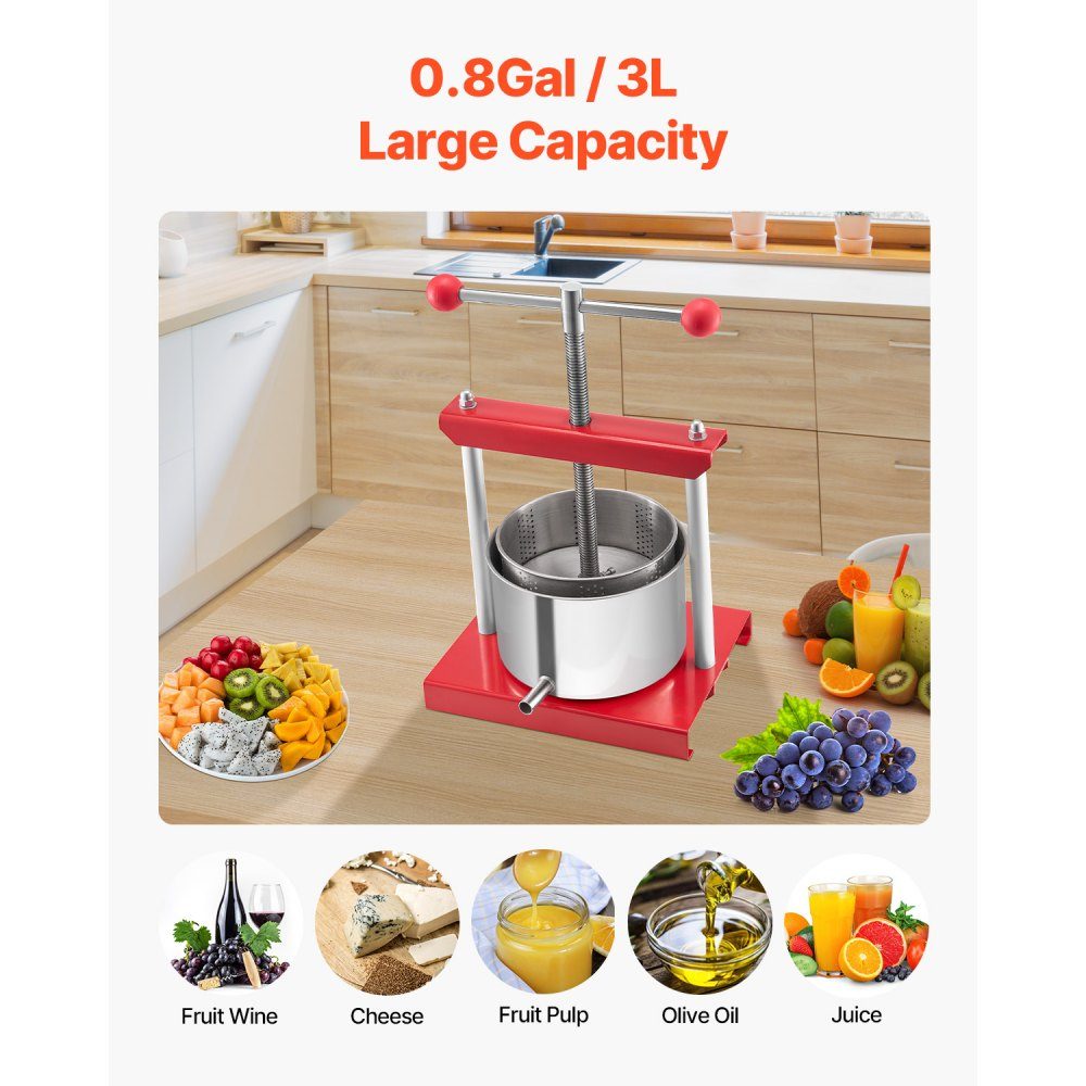 Obstweinpresse Apfelpresse (3L) mit 2 Edelstahlfässern Manueller Entsafter Apfelweinpresse Apfelpresse Traubenpresse Olivenölpresse Handpresse Entsafter mit T-Griff für Küche