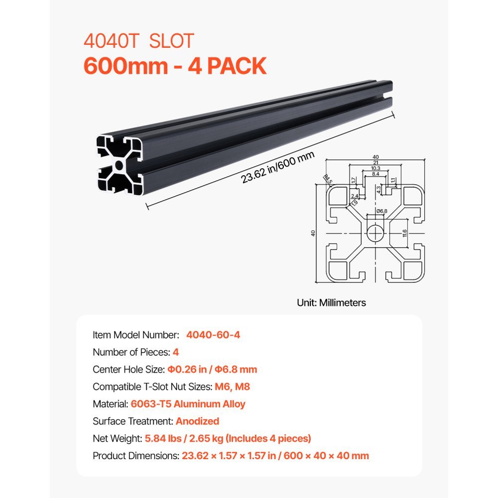 Lot de 4 profilés d'extrusion d'aluminium 4040 à rainure en T de 600 mm, norme européenne, profil de rainure de rail linéaire anodisé pour imprimante 3D, machine CNC, gravure laser DIY, noir
