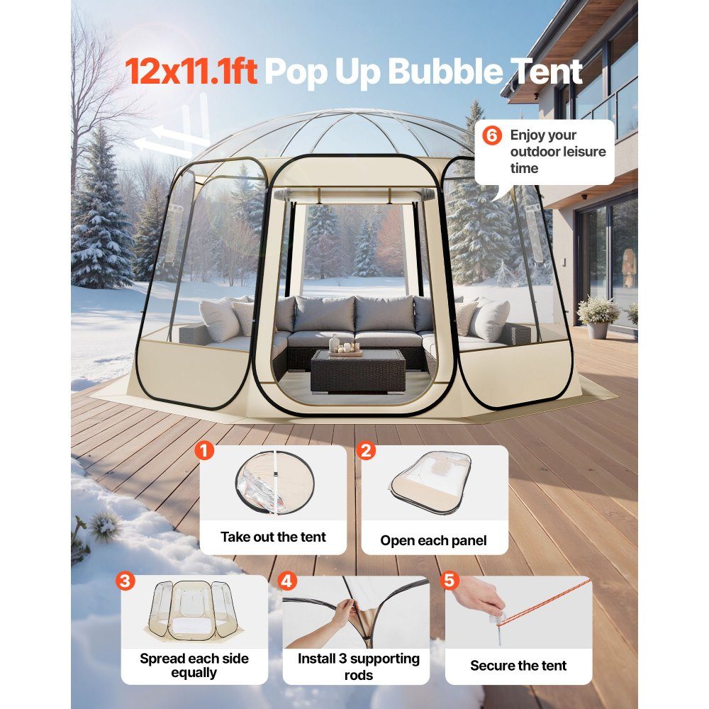 Pop-Up-Blasenzelt, 366 x 345 x 220 cm, transparentes Campingzelt, Gartenkuppel-Iglu-Zelt mit Fenstern, Sportzelt, 540°-Panoramablick für 10–12 Personen, Terrasse, Hinterhof